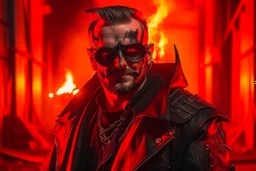 Portrait touriste diable cyberpunk, incendie en arrière plan