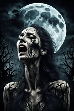 medium close human woman with nature face cry and howling, no makeup, pale face, pain, thriller, alone, dark colors, sharp focus, surreal , the attraction of the moon, faded colors, dark mood, surreal, dramatic atmosphere. intricate, stunning textures, mystic and dark mood