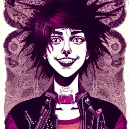 beautiful punk girl, smiling, leaning pose, hyper detailed, hyperdetailed, intricately detailed, illustration by <asaf hanuka>, purple tones, darkred tones,