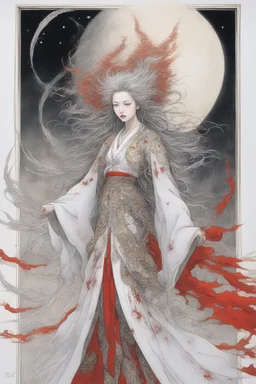 style of Yoshitaka Amano ~a fierce angel, standing with all her might wings outstretched staring deep into your soul, her ornate robe reminiscent of the stars in the night fiery sky. surrealist. Shades of luminous white and red piercing shadow, reminiscent of Beuys and Qian Xuan.