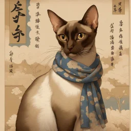 Vintage Japanese art style portrait of a chocolate point Oriental shorthair Siamese cat, inspired by Ukiyo-e prints, elegant smooth fur with soft white highlights, intricate chocolate and muted tan patterns within the fur, deep [COLOR], bold blue scarf around neck, aged beige background with traditional [COLOR] and black calligraphy, delicate brush textures, muted earthy palette, subtle antique atmosphere." "Sho Hotei" 寿 ホテイ (Jū Hotei) in Japanese.