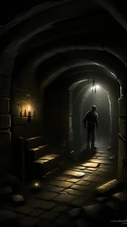 Alex descends into the dark, cavernous depths of the cellar beneath Blackwood Manor, where flickering torches cast eerie shadows across the damp stone walls. As he explores, he uncovers ancient artifacts and relics, each one hinting at a dark and mysterious past.] a small window with bars and a bright beam of light through it