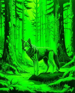 A neon green forest with a wolf painted by Frank Wilson