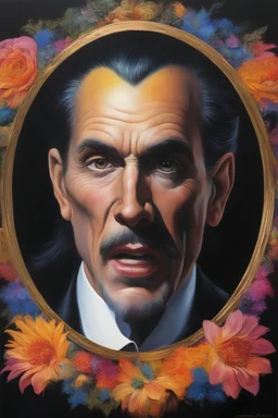 Count Dracula's face inside a small gold circle, multicolored, large, Floral/rainbow designs, atmospheric, beautiful, bright, vibrant colors, pitch-black background, oil painting by Boris Vallejo, 4k UHD, Photorealistic, professional quality