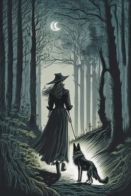 in the style of a Henry Justice Ford drawing, a beautiful witch walks through a dark forest, a dog is seen in the background standing against the horizon, waiting for her