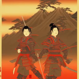 human Samurai Japanese Ukiyo-e, red sun in the background, walking in the mountains