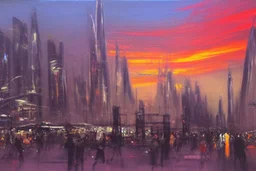 Futuristic city, people, sunset, sci-fi, epic, philip wilson steer influence, realistic painting