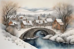 :Watercolour and ink patchwork in the style of Jamie Heiden, Walter Crane, Daniel Merriam, Ivan Shiskin, John Atkinson Grimshaw: zentangle winter landscape with a frozen river amidst houses with icicles hanging from roofs, ancient stone bridge, frosted trees, grasses, crisp quality, ultra detailed, elegant, fantastical, surreal, watercolor and pen, beautiful high definition fine 3D line art, white and mustard yellow and Delft Blue and dark teal dreamy colours, extremely detailed, intricate, elab