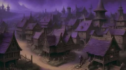 A purple spooky village painted by Leonardo da Vinci