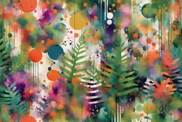 abstract full of splatters squares lines circles and bright metallic strips wrapped with a garden full of ferns fauna flowers