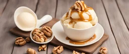 Top view of vanilla ice cream with caramel syrup and walnuts on a plate on wooden background with text for copy space