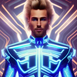 Handsome cosmic man, realistic, blond hair, blue eyes, tron glitter suit, blue lights, full of détails, stars in background, unreal engine 5