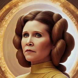 hyperspace background, complete and photo realistic detailed head to waist stunning photo realistic portrait of carrie fisher as Princess Leia in star wars with photo realistic updo hair by Mandy Jurgens and mucha and Richard Schmid and chuck close and chie yoshii, extraordinary and detailed ceremony dress of star wars,brown eyes