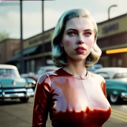 Ultra Realistic retro sci-fi afire Supermarket parking scene, 1960 year, many panic people. blonde woman, sweet scarlet Johansson face, perfect iris, glow eyes, face makeup, tight latex coat; many panic people, Retro sci-fi style, soft color, highly detailed, unreal engine 5, ray tracing, RTX, lumen lighting, ultra detail, volumetric lighting, 3d, finely drawn, high definition, high resolution.