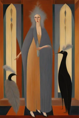 a woman with feathers in an Art Deco foyer by artist "Erté",by artist "Leonora Carrington",by artist "Bridget Bate Tichenor"