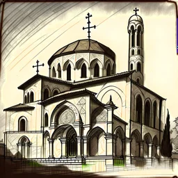 drawing of a byzantine cathedral in the style of art novel and torat