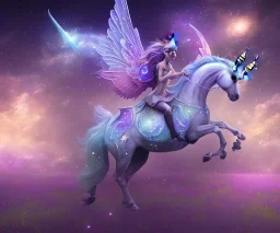 mondo fairy (fiori, viola, bianchi, blu e gialli) un unicorno, cavalli dal muso perfetto, alati che volano in un cielo stellato, astronavi, cosmico