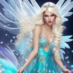 Fantasy fairy with transparent wings, smiling, make up, long platinum blond hair with crown and flowers, blue dress, flowering background