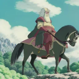 great old knight with flowing white hair and beard riding black horse toward castle