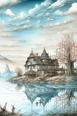 The place where the Dream and its followers live. A reflection of the sky. Watercolor, fine drawing, beautiful landscape, pixel graphics, lots of details, pastel aqua colors, delicate sensuality, realistic, high quality, work of art, hyperdetalization, professional, filigree, hazy haze, hyperrealism, professional, transparent, delicate pastel tones, back lighting, contrast, fantastic, nature+space, Milky Way, fabulous, unreal, translucent, glowing