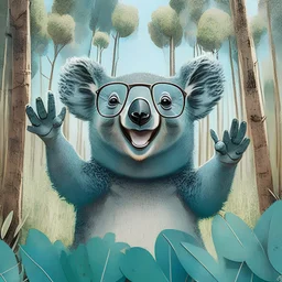 Eucalyptus forest. koala wearing glasses with big smile waving hello.