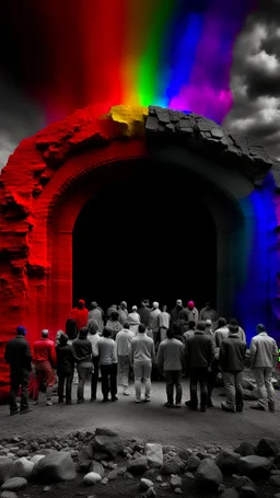 A depressing image, sad and emotional thought-provoking image of A rocky portal separates the world of color and the world of gray. Several people standing in the color world begging those in the gray All the people in the gray world are shades of grayscale. The 10 people in the gray are all sad and depressed several crying and weeping. Those beyond the portal in the color world are living and joyful.