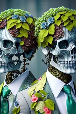 Surreal Couple Made Of Metal Skeletons With Flowering Vines Growing Through; Wearing Blue Gray Green Striped Business Suits With Paisley Shirts And Ties; Surreal, Intricately Detailed, Beautiful, Colorful