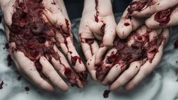 a woman's palms of her hands with dried and caked on blood all over them