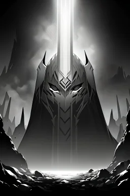 A beam shines in the middle of an immense and dark cave, greyscale