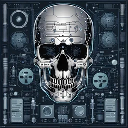 FLAT VECTOR LAYERED IMAGE OF CYBERNETIC SKULL PARTS IN A SCHEMATIC