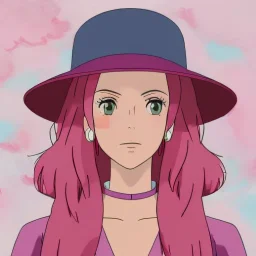 Beautiful pink witch made of fire with red eyes. Long curly wild pastel pink hair. Pink and red eyeshadow. Red lipstick. Freckles. Big pink witch hat.