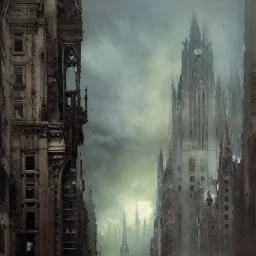Statues on cliff ,Skyline, Gotham city,Neogothic architecture, by Jeremy mann, point perspective,intricate detailed, strong lines