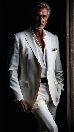 Portrait of a handsome older italian gentleman wearing crisp white linen suit, and an open necked shirt. His dark hair is peppered with grey, his neatly trimmed beard is dark and peppered with grey