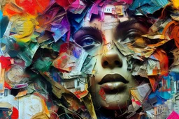 Russ Mills, byroglyphics style art, backdrop, mixed media, pen and ink, broad energetic brushstrokes, palette knife, chaotic collage, cardboard, newspaper, torn paper, gauze, broken glass, graphic image, vibrant natural color, intensely passionate, furious, full body, beauty in chaos