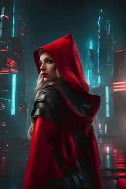 cyberpunk little red riding hood, big bad wolf, cyberpunk city background, hyperrealistic, cinematic lighting --v 3