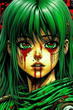 90s anime sci fi green hair space Captain girl blood on face scared, rattled and shook, violent atmosphere, retro manga style, hyper detailed, Japanese horror, junji ito,