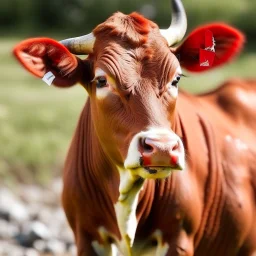 a red cow with bear ears