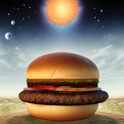 burger cult at the edge of the universe in surrealistic style