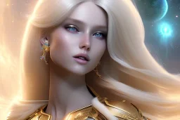  beautiful cosmic woman, long blond hair, nice smiling, magic glamour make up, delicate colors, beautiful glamour galactique dress, ultra sharp focus, 8k, unreal engine 5, extremely sharp detail, light effect, soft light atmosphere of a spaceship, smooth, full of details, face in front, complete vision of face and hair and body