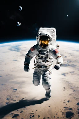 Front key view of an astronaut running away franticly