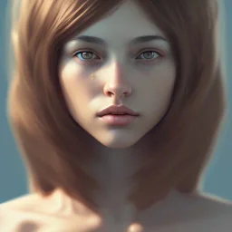 girl, cute, young, teen, brown hair, brown eyes, medium hair, bangs side part, head and shoulders portrait, head and shoulders portrait, 8k resolution concept art portrait by Greg Rutkowski,