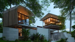 modern house by a big water falls in a karstic montain rain forest