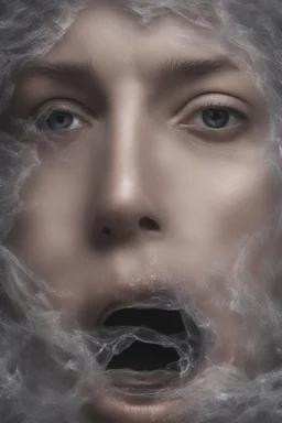 A realistic , 8k high quality image of a person's face from above, face is covered with a plastic, can't breath, suffocating with the face showing like vacuumed under the plastic, eyes open and looking in fear, metaphorically depicting the suffocating grip of anxiety, gothic and dramatic, chaos80 , with debree flying around, abstract