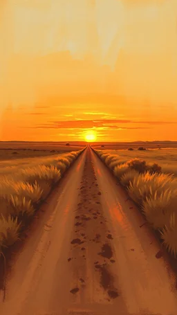dusty dirt path with sunset in the prairies, old western, painting based on grainy photo, horizon at 1/3 from bottom, orange brown tones
