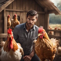 Hyper Realistic a chicken is beating a handsome-young-farmer from its beak inside a chicken coop with scared expressions on farmer's face few haystacks behind & feathers whirling dramatic & cinematic ambiance