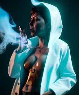 Ultra Realistic image, photo studio, medium shot view, a woman making the fuck off gesture with his finger, blue smoke coming out of his nose and mouth. Latex inflatable coat, soft color, highly detailed, unreal engine 5, ray tracing, RTX, lumen lighting, ultra detail, volumetric lighting, finely drawn, high definition, high resolution.