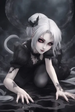 Beautiful goth girl crawling towards the camera in a scary position. White hair, dark make-up, grin on face, black, tight dress. Anime style, realistic, 8k, smoky background