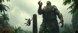 we see an enourmous giant man with ancient clothing. storm giant in wet jungle, throwing a terrified native man into a pillar