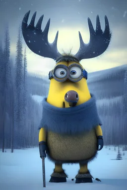 a despicable me minion as a moose in cold winter alaska