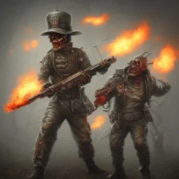 fantassin zombie utilise lance flammes dans paris, yeux rouges, casque militaire steampunk,